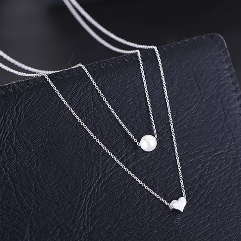 925 Sterling Silver Double Layer Pearl Heart Necklace - Picture 5 of 10